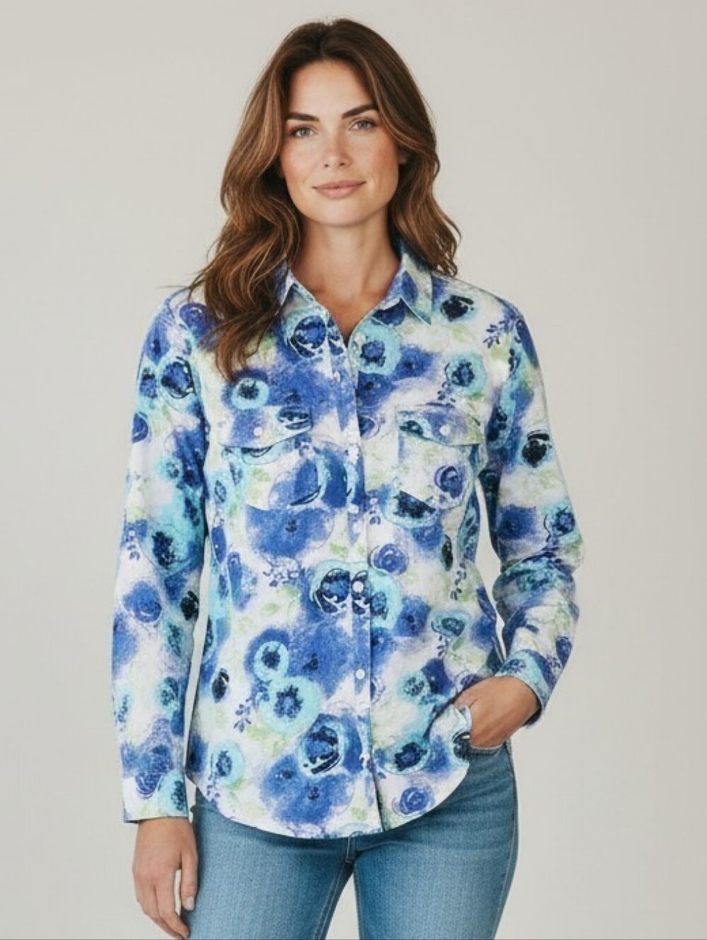 Relativity Cotton  Ligthweigth Blue and Aqua Floral Button-Down Shirt